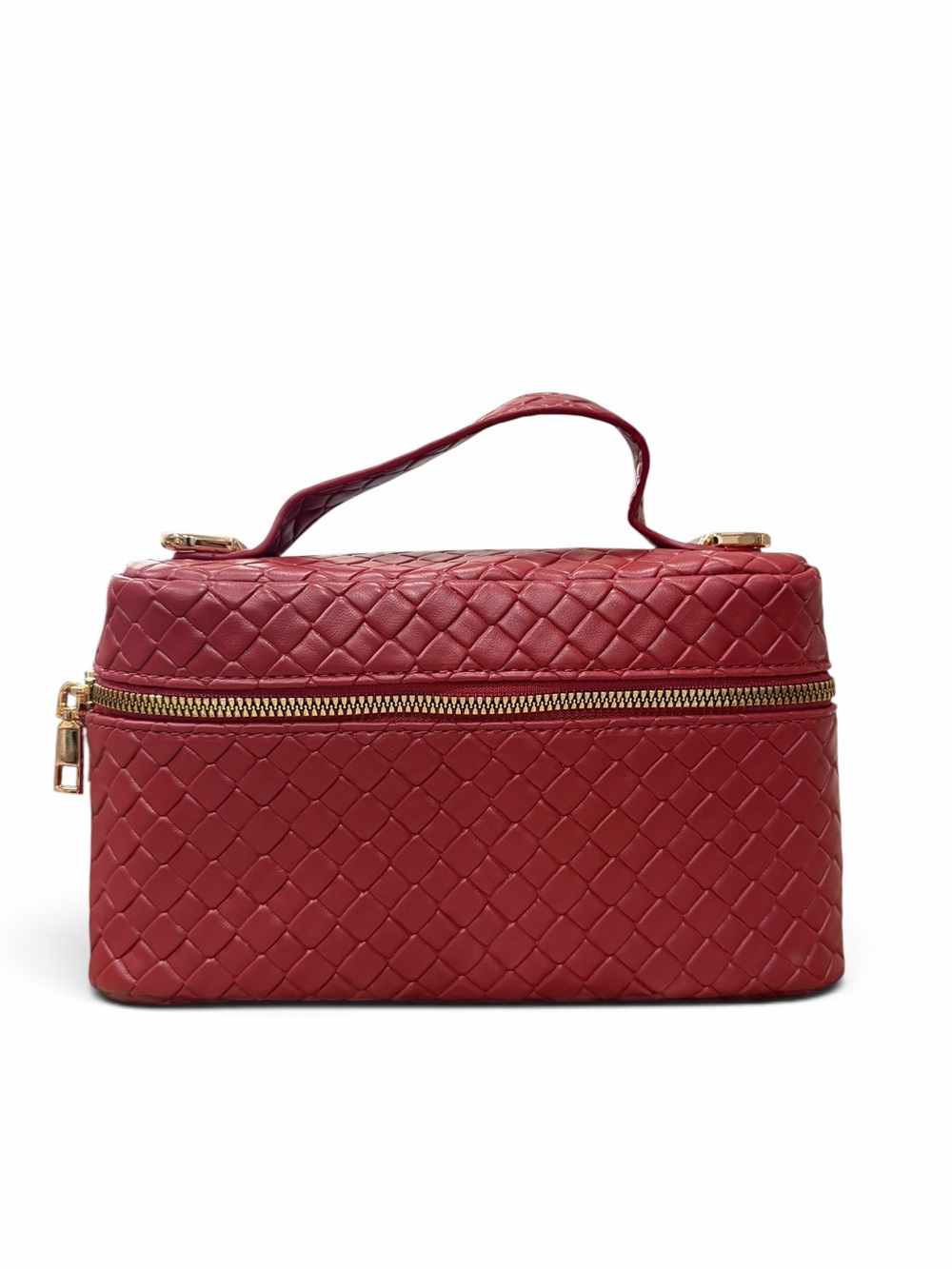 Women’s Red Woven Vanity Statement Crossbody Bag Top Handle Gold Hardware